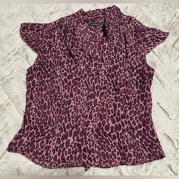 Hillard & Hanson Tops - Hillard & Hanson Purple Leopard Print Bow Tie 100% Silk Blouse